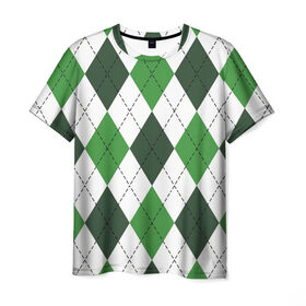 Мужская футболка 3D с принтом Зелёные ромбы в Петрозаводске, 100% полиэфир | прямой крой, круглый вырез горловины, длина до линии бедер | белый | геометрические фигуры | зеленый | пунктир | ромб | ромбы | тёмный