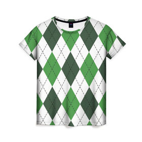 Женская футболка 3D с принтом Зелёные ромбы в Петрозаводске, 100% полиэфир ( синтетическое хлопкоподобное полотно) | прямой крой, круглый вырез горловины, длина до линии бедер | белый | геометрические фигуры | зеленый | пунктир | ромб | ромбы | тёмный