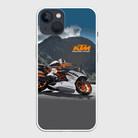 Чехол для iPhone 13 с принтом KTM Racing team в Петрозаводске,  |  | clouds | ktm | motorcycle | mountains | nature | racer | racing | route | sky | team | гонщик | горы | мотоцикл | небо | облака | природа | трасса