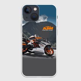 Чехол для iPhone 13 mini с принтом KTM Racing team в Петрозаводске,  |  | clouds | ktm | motorcycle | mountains | nature | racer | racing | route | sky | team | гонщик | горы | мотоцикл | небо | облака | природа | трасса