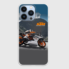 Чехол для iPhone 13 Pro с принтом KTM Racing team в Петрозаводске,  |  | clouds | ktm | motorcycle | mountains | nature | racer | racing | route | sky | team | гонщик | горы | мотоцикл | небо | облака | природа | трасса