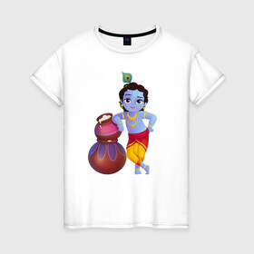 Женская футболка хлопок с принтом Кришна в Петрозаводске, 100% хлопок | прямой крой, круглый вырез горловины, длина до линии бедер, слегка спущенное плечо | кришна рама харе кришна