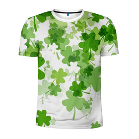 Мужская футболка 3D спортивная с принтом Клеверный дождь в Петрозаводске, 100% полиэстер с улучшенными характеристиками | приталенный силуэт, круглая горловина, широкие плечи, сужается к линии бедра | белый | дождь | зеленый | клевер | много клевера | удача