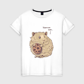 Женская футболка хлопок с принтом Хомяк в Петрозаводске, 100% хлопок | прямой крой, круглый вырез горловины, длина до линии бедер, слегка спущенное плечо | hamster | omnomnom | грызун | надпись | печенька | хома | хомяк | хомячок