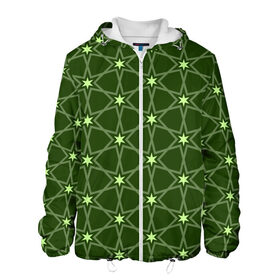 Мужская куртка 3D с принтом Зеленые звёзды в Петрозаводске, ткань верха — 100% полиэстер, подклад — флис | прямой крой, подол и капюшон оформлены резинкой с фиксаторами, два кармана без застежек по бокам, один большой потайной карман на груди. Карман на груди застегивается на липучку | вертикальный рисунок | звёзды | зеленый | отражение | темный