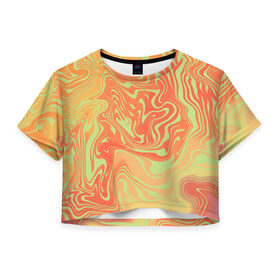 Женская футболка Crop-top 3D с принтом Цветные разводы. в Петрозаводске, 100% полиэстер | круглая горловина, длина футболки до линии талии, рукава с отворотами | абстракция | волны | желтый | кляксы | оранжевый | пятна | салатовый | цветные разводы