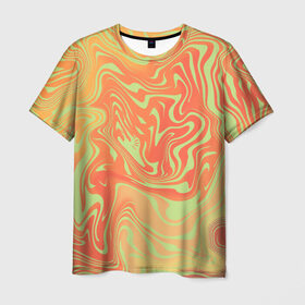Мужская футболка 3D с принтом Цветные разводы. в Петрозаводске, 100% полиэфир | прямой крой, круглый вырез горловины, длина до линии бедер | абстракция | волны | желтый | кляксы | оранжевый | пятна | салатовый | цветные разводы