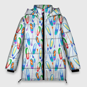 Женская зимняя куртка 3D с принтом доски для серфинга в Петрозаводске, верх — 100% полиэстер; подкладка — 100% полиэстер; утеплитель — 100% полиэстер | длина ниже бедра, силуэт Оверсайз. Есть воротник-стойка, отстегивающийся капюшон и ветрозащитная планка. 

Боковые карманы с листочкой на кнопках и внутренний карман на молнии | Тематика изображения на принте: serfing | sup boarding | sup serfing | sup серфинг | сап серфинг | серфинг