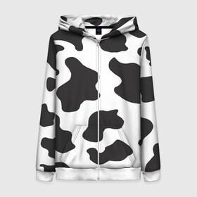 Женская толстовка 3D на молнии с принтом COW PRINT в Петрозаводске, 100% полиэстер | длина до линии бедра, манжеты и пояс оформлены мягкой тканевой резинкой, двухслойный капюшон со шнурком для регулировки, спереди молния, по бокам два кармана | animals | cow | cow print | корова | коровий принт