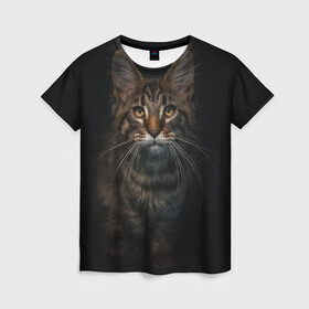 Женская футболка 3D с принтом Кот усатый в Петрозаводске, 100% полиэфир ( синтетическое хлопкоподобное полотно) | прямой крой, круглый вырез горловины, длина до линии бедер | cat | кот | котёнок | котик | кошка | мейн кун | полосатый | пушистый | усатый