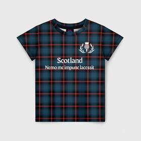 Детская футболка 3D с принтом Шотландия в Петрозаводске, 100% гипоаллергенный полиэфир | прямой крой, круглый вырез горловины, длина до линии бедер, чуть спущенное плечо, ткань немного тянется | england | scotland | англия | великобритания | волынка | девиз | килт | клан | клетка | королевство | шотландия | шотландка