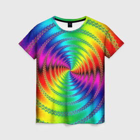 Женская футболка 3D с принтом Цветной гипноз в Петрозаводске, 100% полиэфир ( синтетическое хлопкоподобное полотно) | прямой крой, круглый вырез горловины, длина до линии бедер | Тематика изображения на принте: насыщенные цвета | радуга | спираль | цвет | цвета | яркие цвета | ярко
