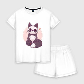 Женская пижама с шортиками хлопок с принтом Лисья панда в Петрозаводске, 100% хлопок | футболка прямого кроя, шорты свободные с широкой мягкой резинкой | арт | белый | лиса | любовь | мило | милота | мимишка | панда | рисунок | сердце | чёрно белый | чёрный