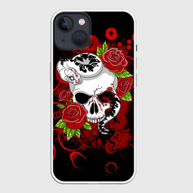 Чехол для iPhone 13 с принтом Череп и змея в Петрозаводске,  |  | Тематика изображения на принте: rose | skull | snake | змей | змея | розочки | розы | цветы | череп | черепок | черепушка