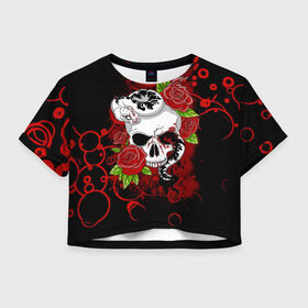 Женская футболка Crop-top 3D с принтом Череп и змея в Петрозаводске, 100% полиэстер | круглая горловина, длина футболки до линии талии, рукава с отворотами | rose | skull | snake | змей | змея | розочки | розы | цветы | череп | черепок | черепушка