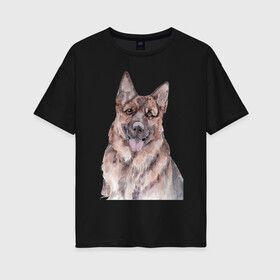 Женская футболка хлопок Oversize с принтом Овчарка в Петрозаводске, 100% хлопок | свободный крой, круглый ворот, спущенный рукав, длина до линии бедер
 | акварель | животные | звери | краски | овчарка | песокафе | питомцы | рисунок | собаки