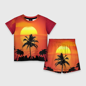 Детский костюм с шортами 3D с принтом Пальмы на фоне моря в Петрозаводске,  |  | summer | восход | гаваи | гавайская | закат | лето | море | океан | отдых | отпуск | пальма | пальмы | солнце | туризм | туристическая