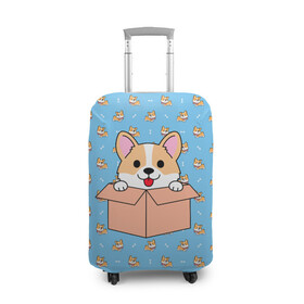 Чехол для чемодана 3D с принтом КОРГИ в Петрозаводске, 86% полиэфир, 14% спандекс | двустороннее нанесение принта, прорези для ручек и колес | dog | dogs | весёлые собачки | еда | корги | корги с пиццей | косточка | кость | милые собачки | пицца | прикольные собачки | собаки | собачки