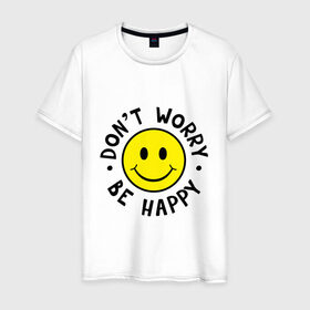 Мужская футболка хлопок с принтом DONT WORRY BE HAPPY в Петрозаводске, 100% хлопок | прямой крой, круглый вырез горловины, длина до линии бедер, слегка спущенное плечо. | bob marley | dont worry | face | happy | jamayka | music | smile | боб марли | веселье | музыка | не парься | смайлик | счастье | цитаты