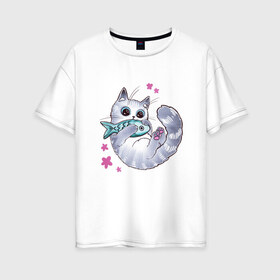 Женская футболка хлопок Oversize с принтом Котик с рыбкой в Петрозаводске, 100% хлопок | свободный крой, круглый ворот, спущенный рукав, длина до линии бедер
 | игрушка | кот | котёнок | котик | рыба | рыбка | цветочки | цветы