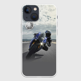 Чехол для iPhone 13 mini с принтом Yamaha в Петрозаводске,  |  | clouds | helmet | motorcycle | racer | road | route | sky | speed | yamaha | гонщик | дорога | мотоцикл | небо | облака | скорость | трасса | шлем