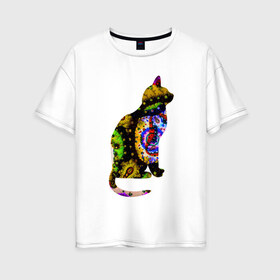 Женская футболка хлопок Oversize с принтом кошка 1 в Петрозаводске, 100% хлопок | свободный крой, круглый ворот, спущенный рукав, длина до линии бедер
 | желтый | зеленый | кошка | красный | необычная | разноцветная