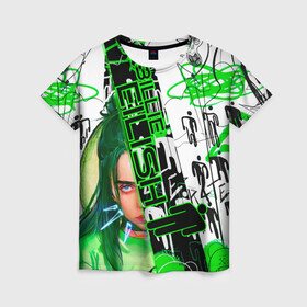 Женская футболка 3D с принтом Billie Eilish в Петрозаводске, 100% полиэфир ( синтетическое хлопкоподобное полотно) | прямой крой, круглый вырез горловины, длина до линии бедер | автор | автор песен | инди поп | певица | поп | электропоп | эмо поп