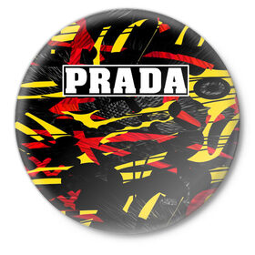 Значок с принтом PRADA в Петрозаводске,  металл | круглая форма, металлическая застежка в виде булавки | Тематика изображения на принте: prada | prada gang | prada style | prada принт | prada футболка | парада стиль | прада | прада принт | прада футболка