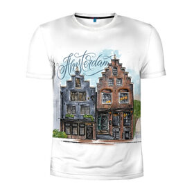 Мужская футболка 3D спортивная с принтом Амстердам в Петрозаводске, 100% полиэстер с улучшенными характеристиками | приталенный силуэт, круглая горловина, широкие плечи, сужается к линии бедра | амстердам | голландия | город | домики | европа | леттеринг | надпись | нидерланды | окна | путешествие | скетч