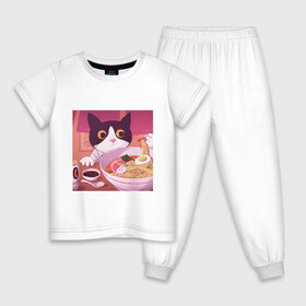 Детская пижама хлопок с принтом Кот и лапша в Петрозаводске, 100% хлопок |  брюки и футболка прямого кроя, без карманов, на брюках мягкая резинка на поясе и по низу штанин
 | Тематика изображения на принте: cat | kitty | ramen | кот | котэ | кошка | лапша | рамен