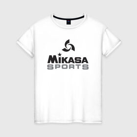 Женская футболка хлопок с принтом MIKASA SPORTS в Петрозаводске, 100% хлопок | прямой крой, круглый вырез горловины, длина до линии бедер, слегка спущенное плечо | beach | mikasa | voleybal | volleyball | волебол | волейбол | волейболист | волейболистка | воллейбол | микаса | пляжный