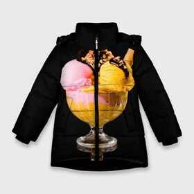 Зимняя куртка для девочек 3D с принтом Мороженое в Петрозаводске, ткань верха — 100% полиэстер; подклад — 100% полиэстер, утеплитель — 100% полиэстер. | длина ниже бедра, удлиненная спинка, воротник стойка и отстегивающийся капюшон. Есть боковые карманы с листочкой на кнопках, утяжки по низу изделия и внутренний карман на молнии. 

Предусмотрены светоотражающий принт на спинке, радужный светоотражающий элемент на пуллере молнии и на резинке для утяжки. | мороженое | сладости | стакан | чёрный | шоколад
