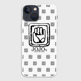 Чехол для iPhone 13 mini с принтом Лого джоджо белый в Петрозаводске,  |  | anime | jojo | jojo’s bizarre adventure | аниме | анимэ | биззаре адвенчер | джо | джо джо | джоджо | джонатан джостар | дзёсукэ хигасиката | дзётаро кудзё | жожо | игги | кира | лого | манга | невероятные приключения