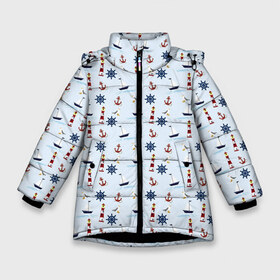 Зимняя куртка для девочек 3D с принтом Кораблики да маяки в Петрозаводске, ткань верха — 100% полиэстер; подклад — 100% полиэстер, утеплитель — 100% полиэстер. | длина ниже бедра, удлиненная спинка, воротник стойка и отстегивающийся капюшон. Есть боковые карманы с листочкой на кнопках, утяжки по низу изделия и внутренний карман на молнии. 

Предусмотрены светоотражающий принт на спинке, радужный светоотражающий элемент на пуллере молнии и на резинке для утяжки. | Тематика изображения на принте: корабли | корабль | маяк | маяки | море | океан | потерялся | штурвал