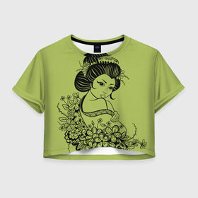 Женская футболка Crop-top 3D с принтом Geisha 23 в Петрозаводске, 100% полиэстер | круглая горловина, длина футболки до линии талии, рукава с отворотами | девушка | сакура | цветы | япония