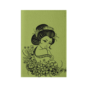 Обложка для паспорта матовая кожа с принтом Geisha 23 в Петрозаводске, натуральная матовая кожа | размер 19,3 х 13,7 см; прозрачные пластиковые крепления | Тематика изображения на принте: девушка | сакура | цветы | япония