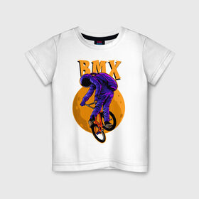 Детская футболка хлопок с принтом BMX в Петрозаводске, 100% хлопок | круглый вырез горловины, полуприлегающий силуэт, длина до линии бедер | bicycle | bmx | cosmonaut | cosmos | moon | spacesuit | велосипед | космонавт | космос | луна | скафандр
