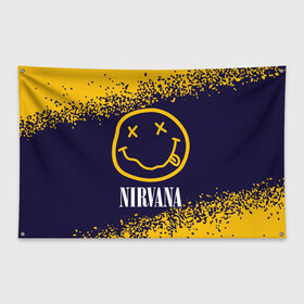 Флаг-баннер с принтом NIRVANA НИРВАНА в Петрозаводске, 100% полиэстер | размер 67 х 109 см, плотность ткани — 95 г/м2; по краям флага есть четыре люверса для крепления | band | cobain | face | kurt | logo | music | nirvana | rock | rocknroll | группа | кобейн | курт | лого | логотип | музыка | музыкальная | нирвана | рожица | рок | рокнролл | символ