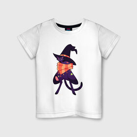 Детская футболка хлопок с принтом Хэллоунский кот маг в Петрозаводске, 100% хлопок | круглый вырез горловины, полуприлегающий силуэт, длина до линии бедер | Тематика изображения на принте: волшебство | звезды | кот | маг | магия | осень | хэллоуин | хэловин | шарф | шляпа