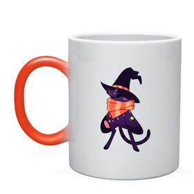 Кружка хамелеон с принтом Хэллоунский кот маг в Петрозаводске, керамика | меняет цвет при нагревании, емкость 330 мл | Тематика изображения на принте: волшебство | звезды | кот | маг | магия | осень | хэллоуин | хэловин | шарф | шляпа