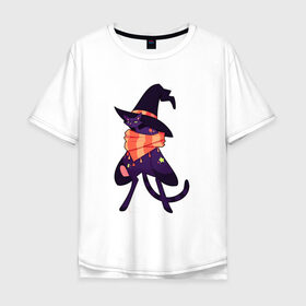Мужская футболка хлопок Oversize с принтом Хэллоунский кот маг в Петрозаводске, 100% хлопок | свободный крой, круглый ворот, “спинка” длиннее передней части | Тематика изображения на принте: волшебство | звезды | кот | маг | магия | осень | хэллоуин | хэловин | шарф | шляпа