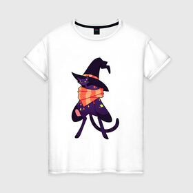 Женская футболка хлопок с принтом Хэллоунский кот маг в Петрозаводске, 100% хлопок | прямой крой, круглый вырез горловины, длина до линии бедер, слегка спущенное плечо | Тематика изображения на принте: волшебство | звезды | кот | маг | магия | осень | хэллоуин | хэловин | шарф | шляпа