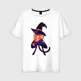 Женская футболка хлопок Oversize с принтом Хэллоунский кот маг в Петрозаводске, 100% хлопок | свободный крой, круглый ворот, спущенный рукав, длина до линии бедер
 | волшебство | звезды | кот | маг | магия | осень | хэллоуин | хэловин | шарф | шляпа