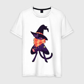 Мужская футболка хлопок с принтом Хэллоунский кот маг в Петрозаводске, 100% хлопок | прямой крой, круглый вырез горловины, длина до линии бедер, слегка спущенное плечо. | Тематика изображения на принте: волшебство | звезды | кот | маг | магия | осень | хэллоуин | хэловин | шарф | шляпа