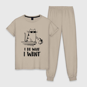Женская пижама хлопок с принтом I do what i want в Петрозаводске, 100% хлопок | брюки и футболка прямого кроя, без карманов, на брюках мягкая резинка на поясе и по низу штанин | иностранны | кот | прикольная | текст