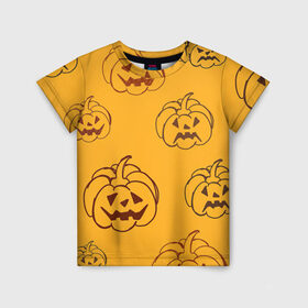 Детская футболка 3D с принтом Тыквы в Петрозаводске, 100% гипоаллергенный полиэфир | прямой крой, круглый вырез горловины, длина до линии бедер, чуть спущенное плечо, ткань немного тянется | арт | вектор | желтый | оранжевый | рисунок | тыквы
