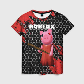 Женская футболка 3D с принтом ROBLOX PIGGY - СВИНКА ПИГГИ в Петрозаводске, 100% полиэфир ( синтетическое хлопкоподобное полотно) | прямой крой, круглый вырез горловины, длина до линии бедер | pig | piggy | roblox | игра | компьютерная игра | логотип | онлайн | онлайн игра | пигги | поросенок | роблакс | роблокс | свинка | свинья