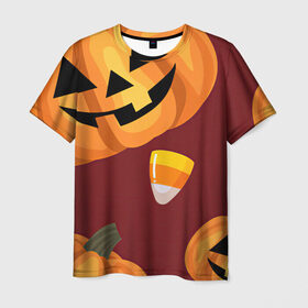 Мужская футболка 3D с принтом Сладкие хэллоуин в Петрозаводске, 100% полиэфир | прямой крой, круглый вырез горловины, длина до линии бедер | арт | бардовый | красный | оранжевый | рисунок | сладости | сладость | тыква | тыквы