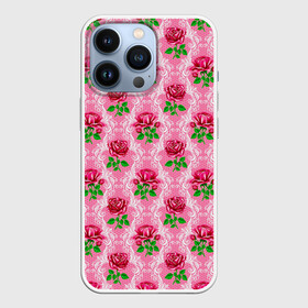 Чехол для iPhone 13 Pro с принтом Декор из нежных роз в Петрозаводске,  |  | fashion | flower pattern | girl | pink | roses | винтаж | винтажные | девушкам | зелень | лепестки | лето | листья | марта | нежные | пастельные | паттерн | пионы | подарок | природа | растения | ретро | роза | розы | узор