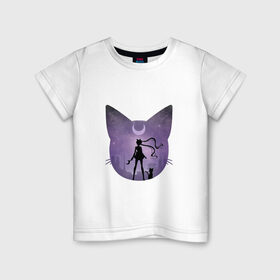 Детская футболка хлопок с принтом Лунный воен в Петрозаводске, 100% хлопок | круглый вырез горловины, полуприлегающий силуэт, длина до линии бедер | арт | девушка | кот | кошка | луна | нео королева серенити | ночь | перевёрнутая луна | рисунок | сейлор мун | силуэт | усаги цукино | фиолетовый